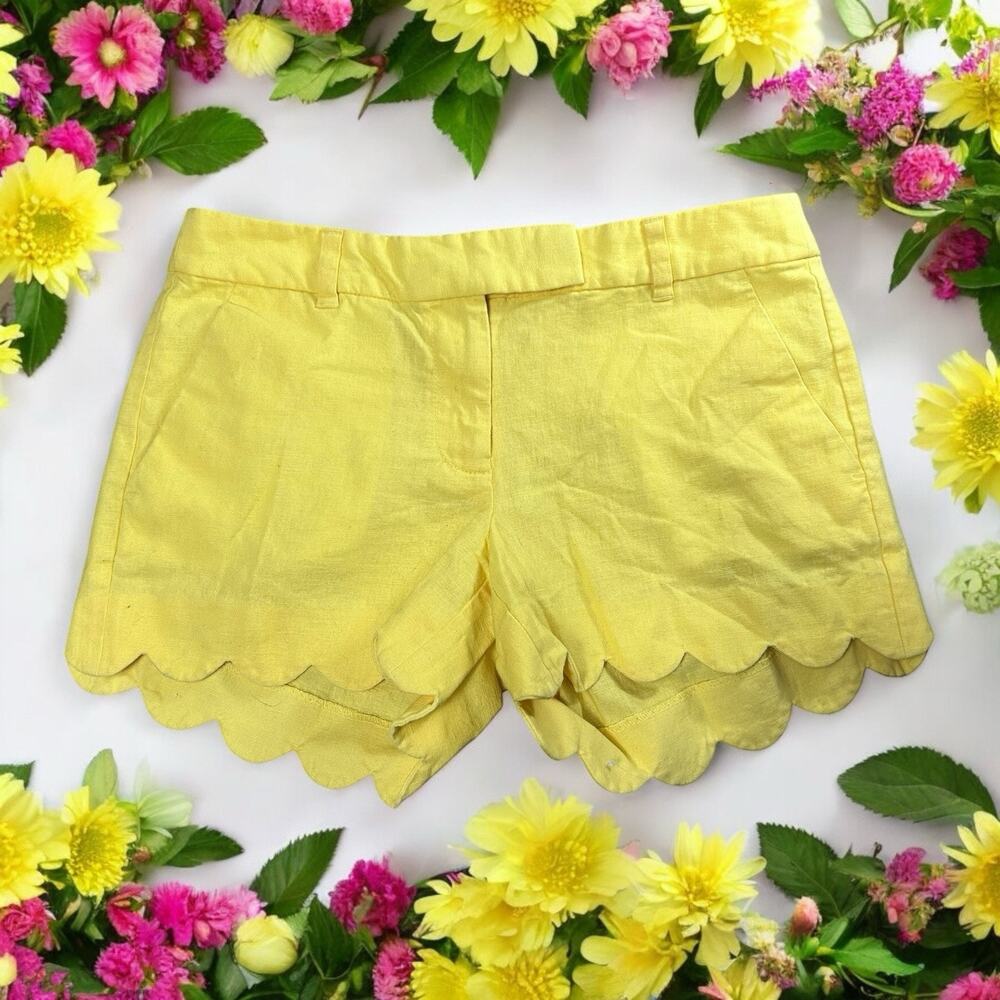 J. Crew Linen Blend Chino Shorts Sz 4 Yellow Scalloped Hem 4" Inseam